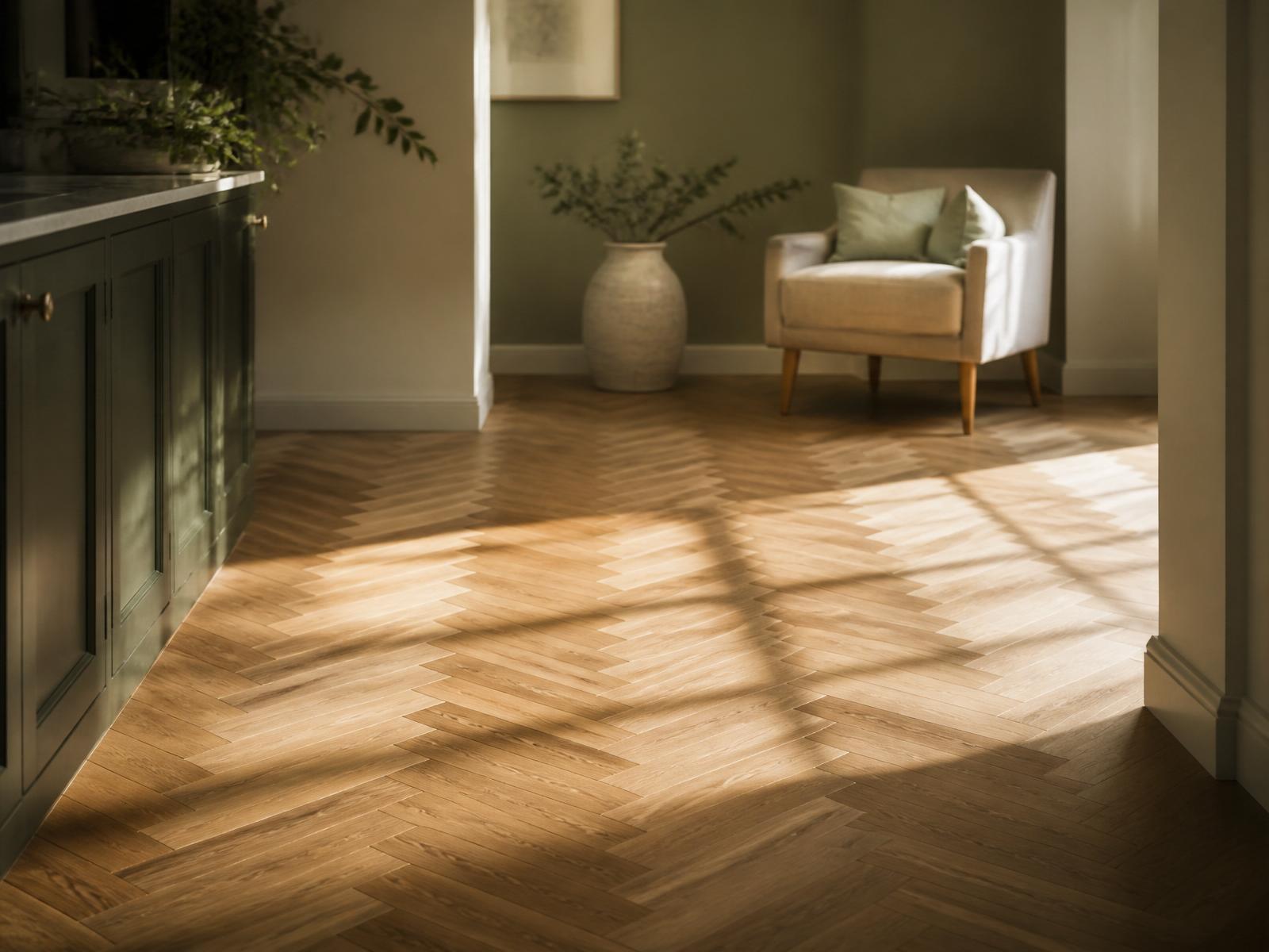 Herringbone oak floor in a modern kitchen